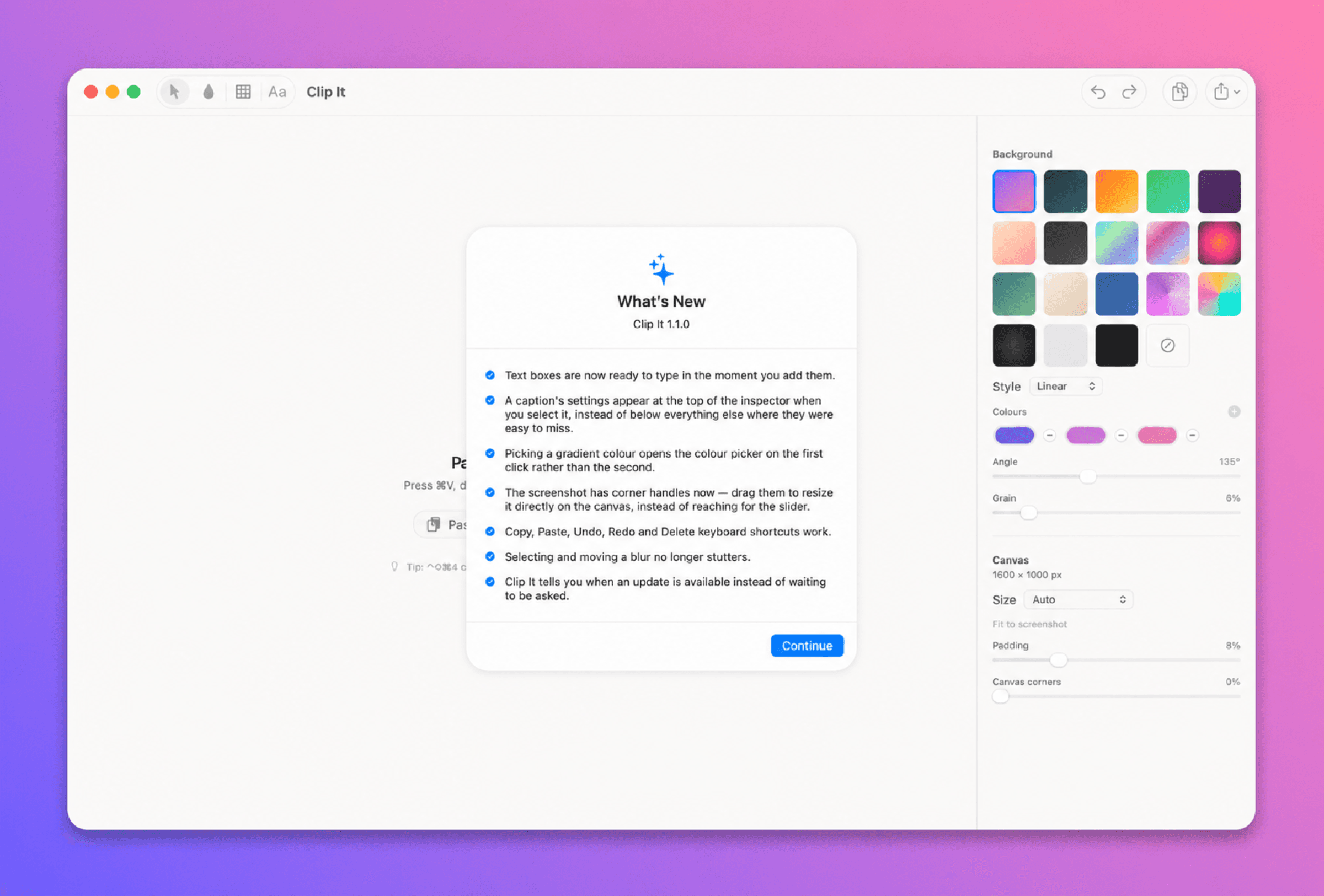 Clip It light-mode editor with its gradient background inspector and canvas controls