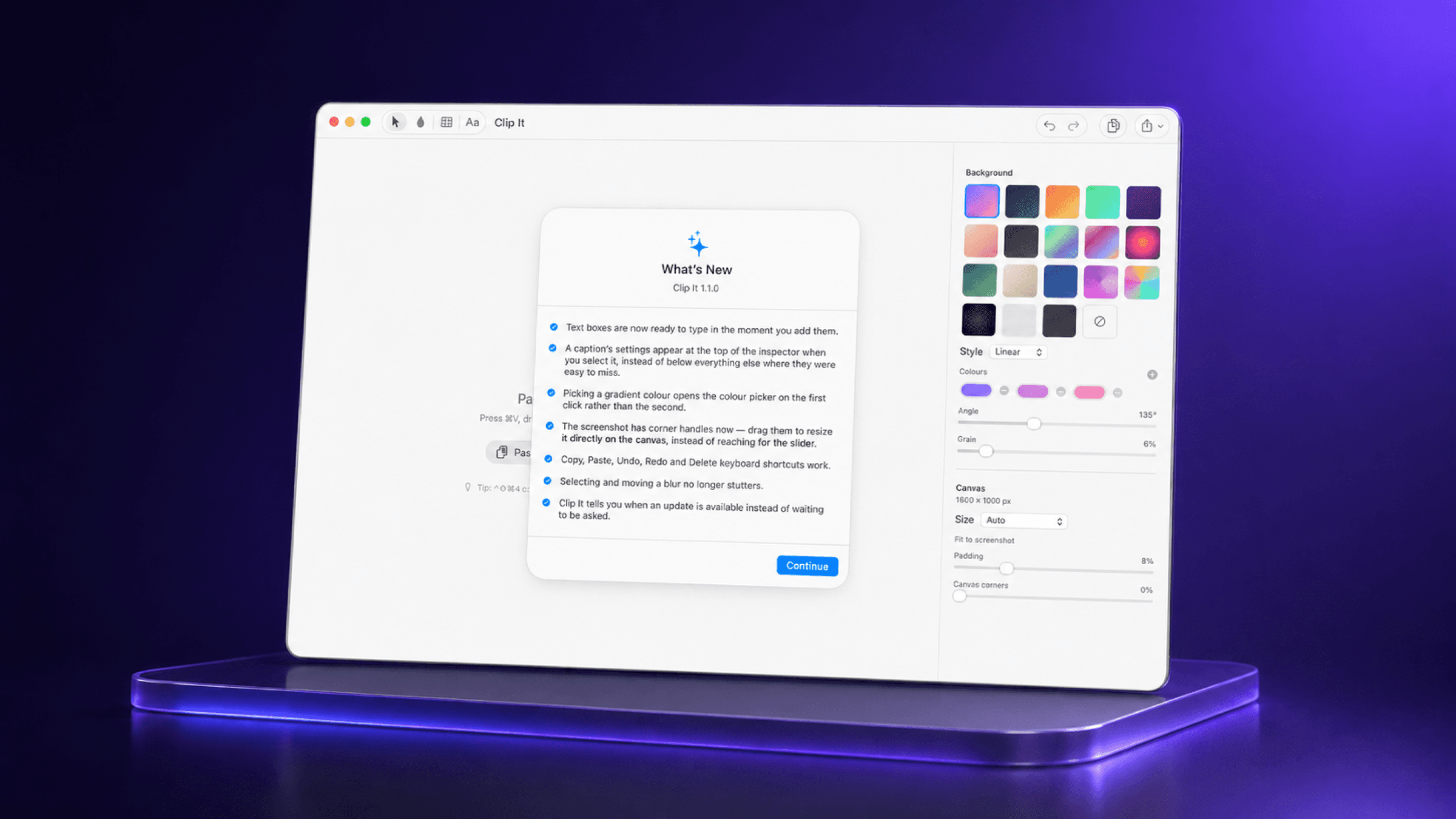 Clip It in light mode with gradient and canvas controls visible